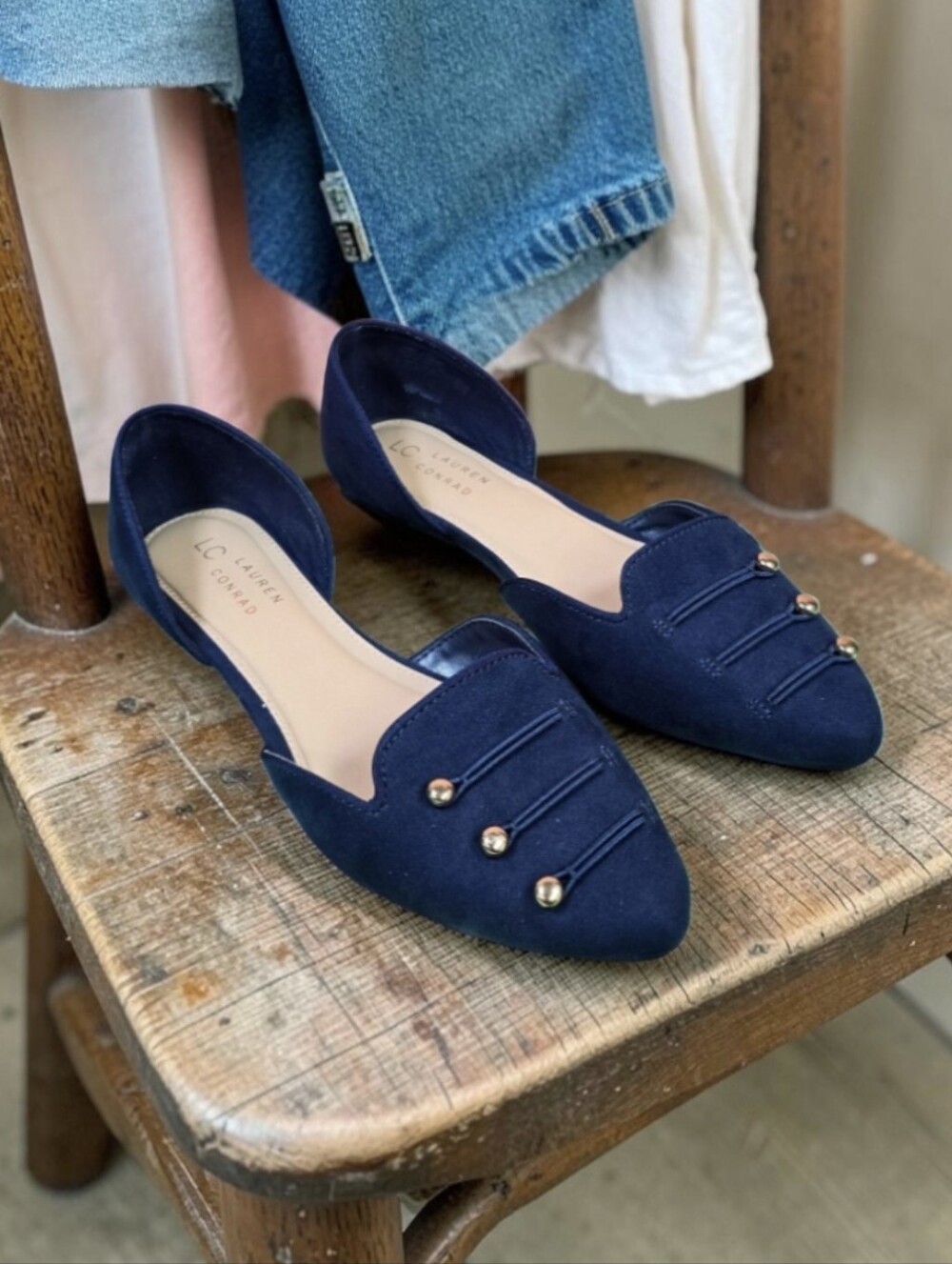 LC Lauren Conrad D'Orsay Cut Flan Navy Point Toe Casual Faux Suede Flats Size 8
